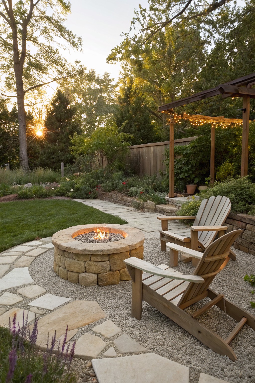 Stone fire pit with gas flames in a gravel-surrounded circular area edged by flagstone pavers, two wooden Adirondack chairs positioned nearby, backyard path and garden plantings visible at sunset.