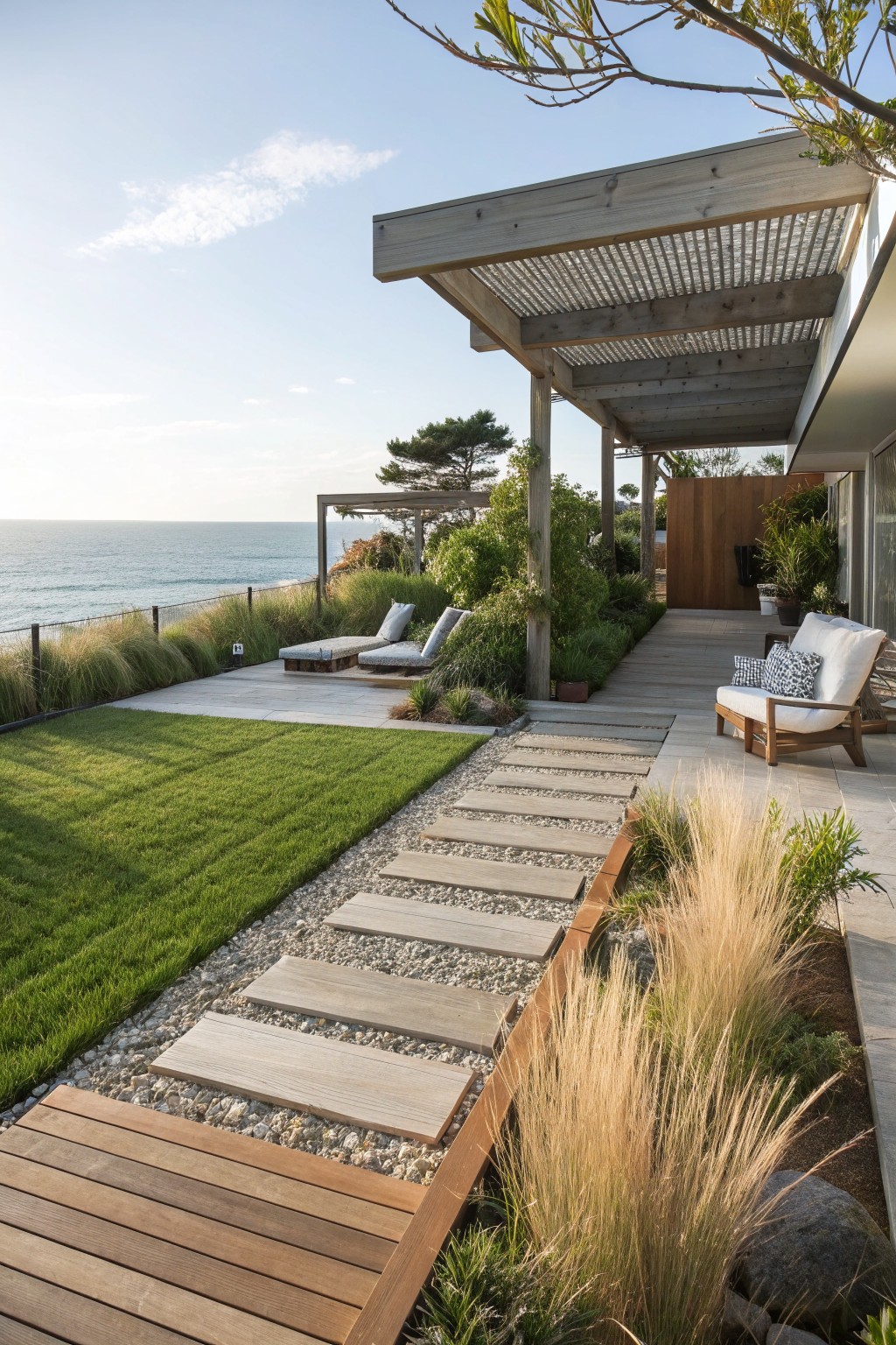Backyard terrace with white-cushioned loungers and chairs under a wooden pergola, connected by a pathway of large rectangular stone slabs set in gravel, bordered by lawn and tall ornamental grasses, next to a modern house and ocean view.