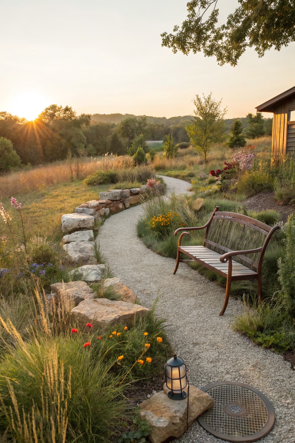 A winding gravel path bordered by dry-stacked stone walls curves through tall ornamental grasses, wildflowers, and perennials, with a wooden bench beside it, a lantern on a rock, and a metal grate cover nearby in a late afternoon landscape.