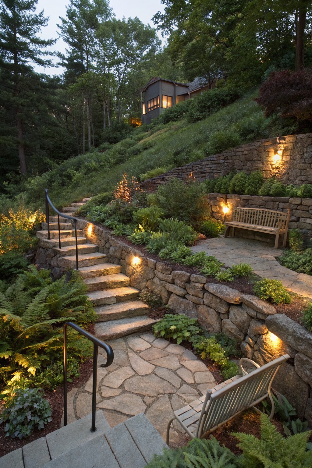 Sloped backyard garden with stone retaining walls forming lit flagstone steps, surrounded by ferns, shrubs, and trees, wooden benches on landings, leading uphill to a small house at dusk.