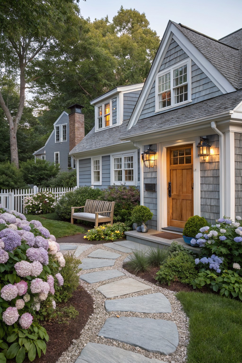 A house with soft blue-gray shingle siding and white trim.