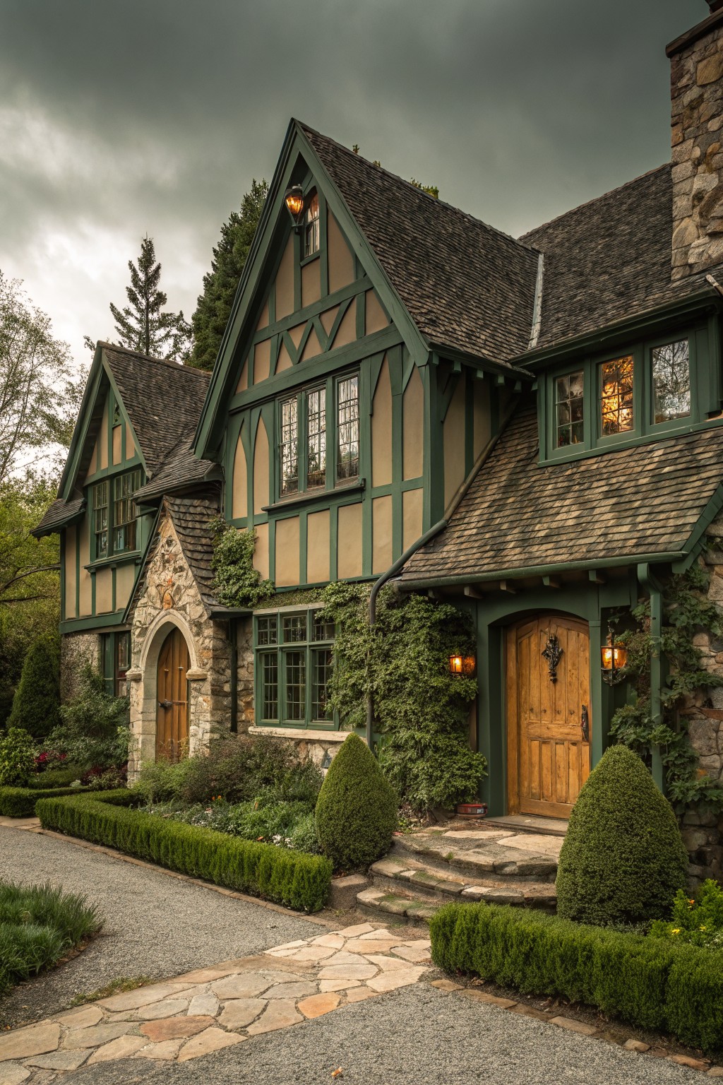 A Tudor style home with warm beige siding and dark green trim.