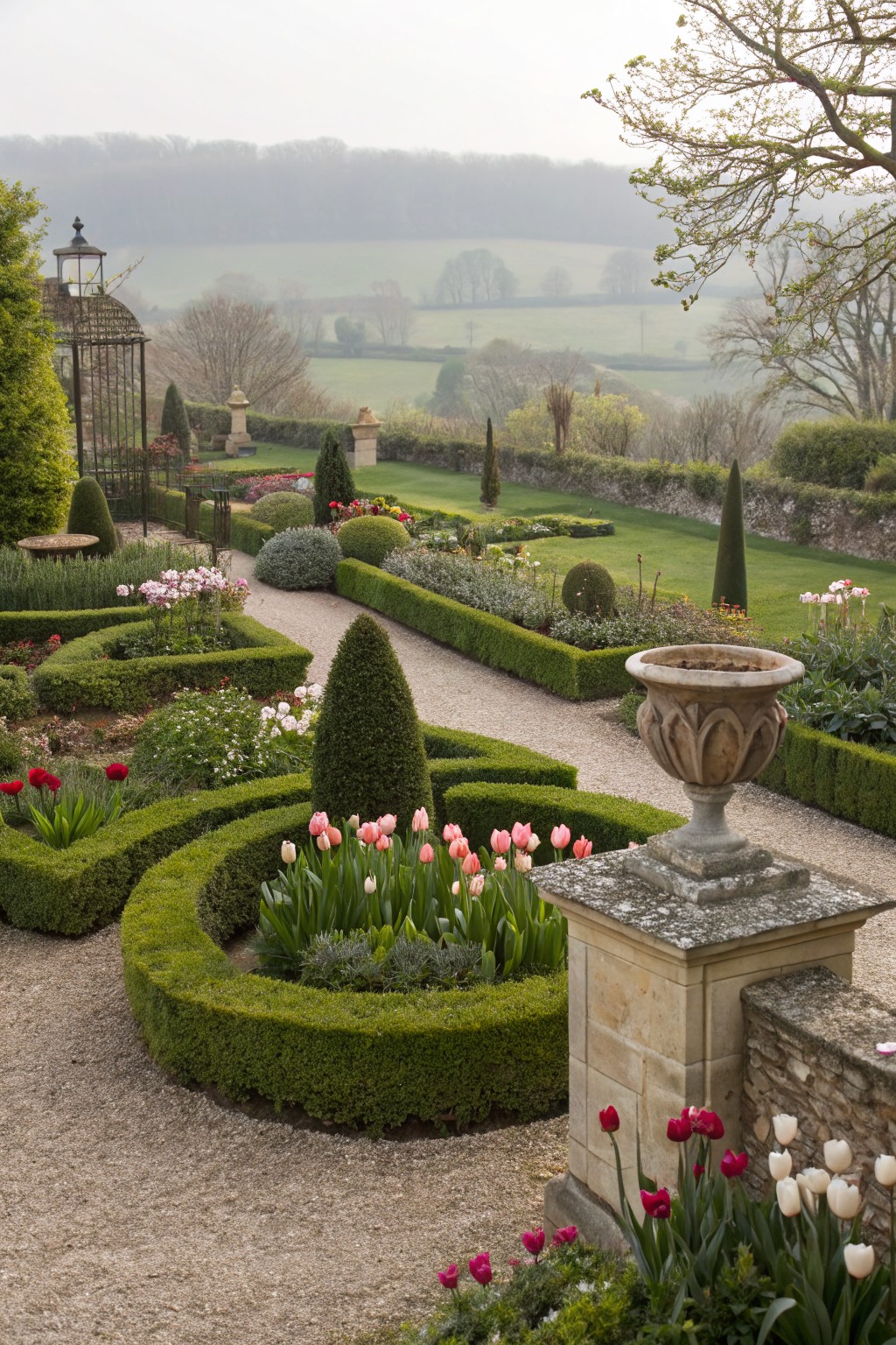A formal backyard garden with clipped boxwood hedges forming curved patterns and enclosures around flower beds filled with tulips, gravel paths winding through, stone urns, and distant misty fields.