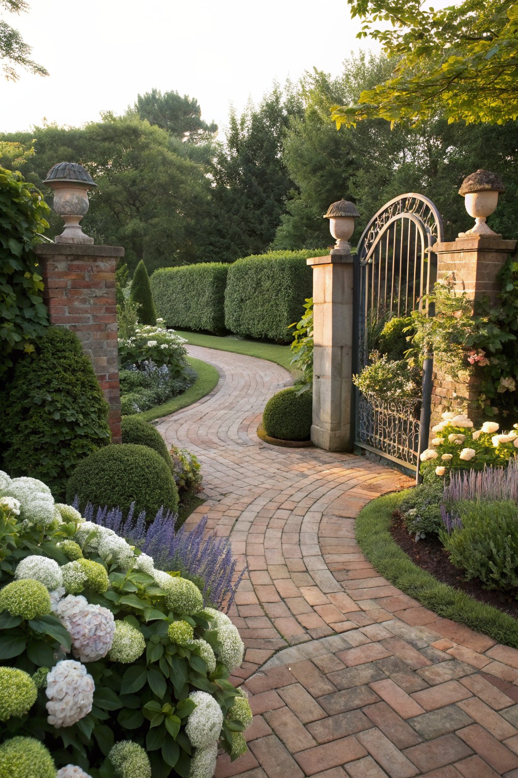 Curved red brick pathway through a garden with white hydrangeas, purple lavender, green shrubs, and hedges leading to a black wrought iron gate between brick pillars topped with stone urns.