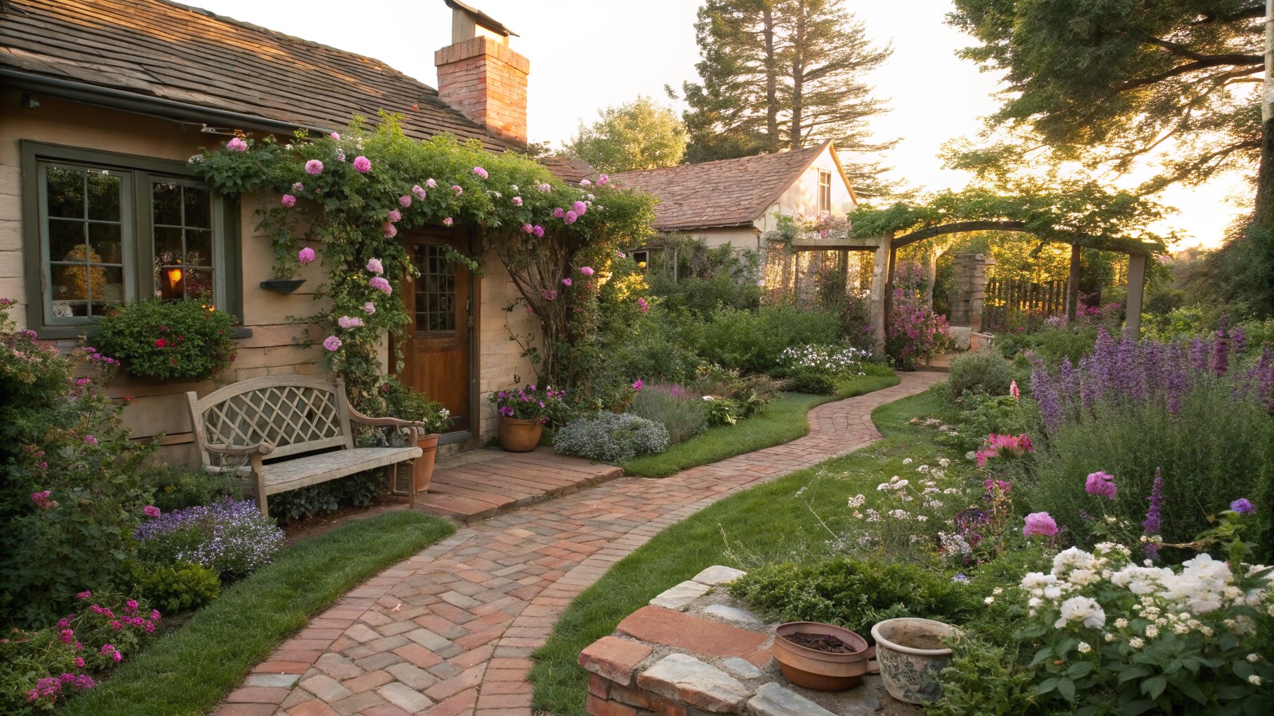 Winding red brick path edged with pink foxgloves, purple lavender, white daisies in a terracotta pot, and climbing pink roses on a metal arch, beside a wooden bench, leading to a brick house with pink door.