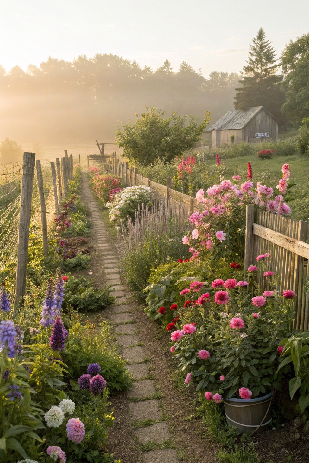 Stone pathway bordered by colorful flowers including pink roses, white hydrangeas, and purple delphiniums along a wooden fence in a misty garden with a shed and trees in the background.