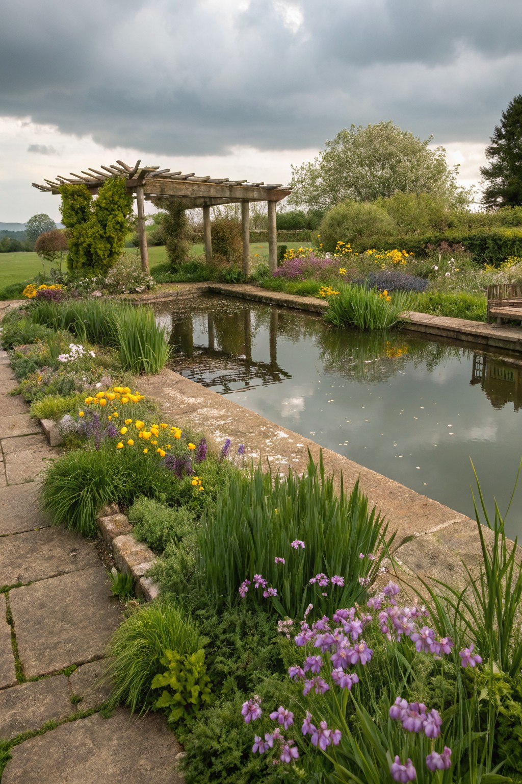 Narrow rectangular stone-edged pool in a garden, lined with yellow flowers, purple irises, grasses, and other perennials on one side, paved path on the other, wooden pergola and bench in background under cloudy sky.