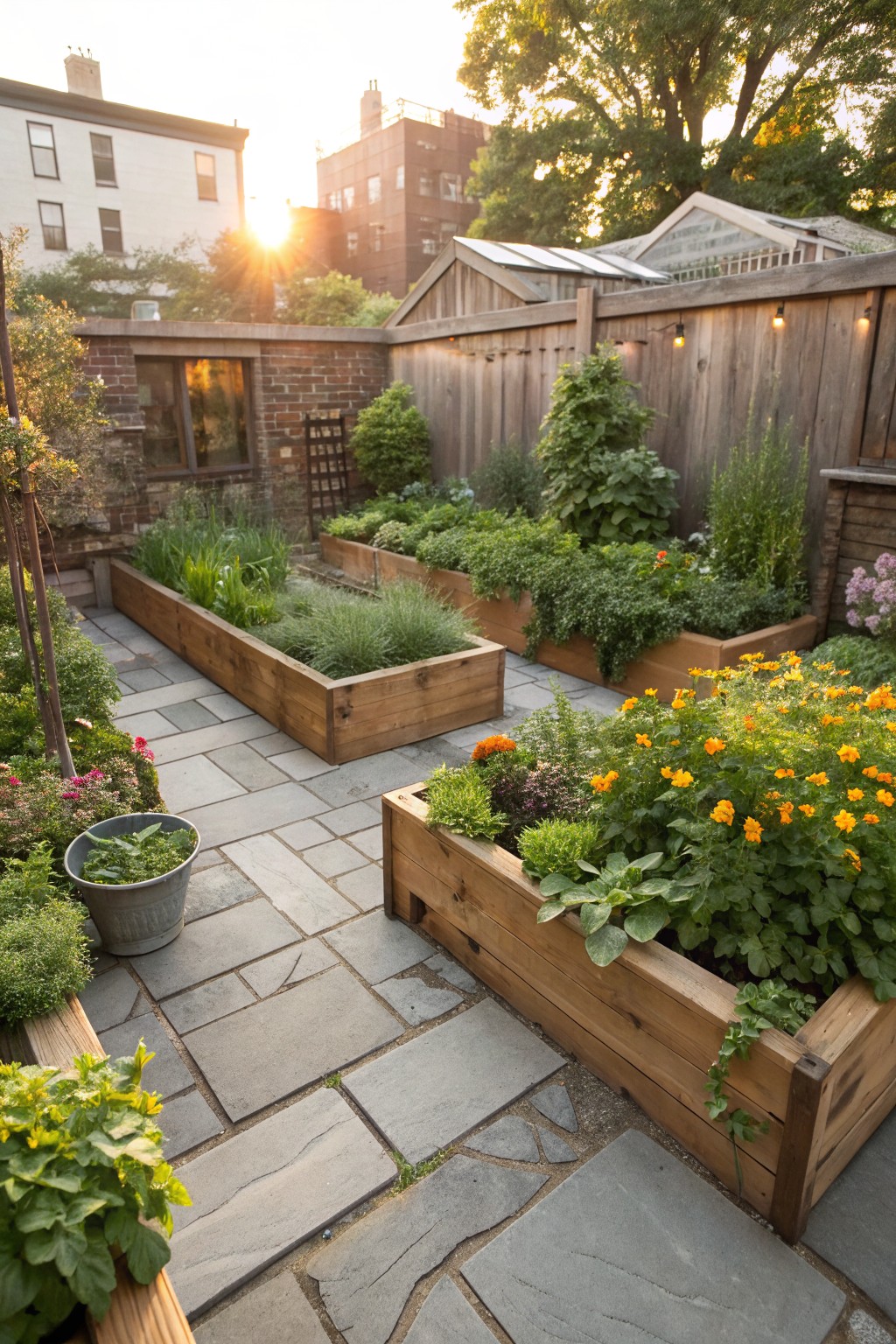 Small urban backyard with multiple rectangular wooden raised garden beds filled with herbs, vegetables, flowers, and grasses, arranged around a gray slate stone path, enclosed by a weathered wooden fence and brick walls.