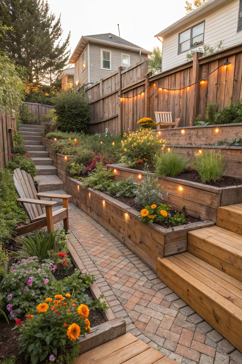 Sloped backyard with wooden terraced raised beds planted with flowers and herbs, brick pathway, concrete steps, wooden benches, Adirondack chair, and string lights on fences.