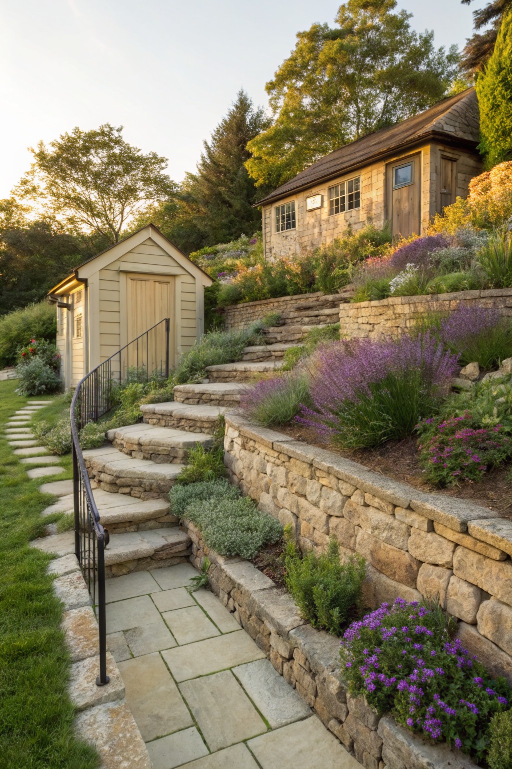Small wooden garden shed atop a sloped backyard with dry-stacked stone retaining walls terraced with lavender, perennials, and flower beds, connected by stone steps and a wrought iron railing to a flagstone path below.