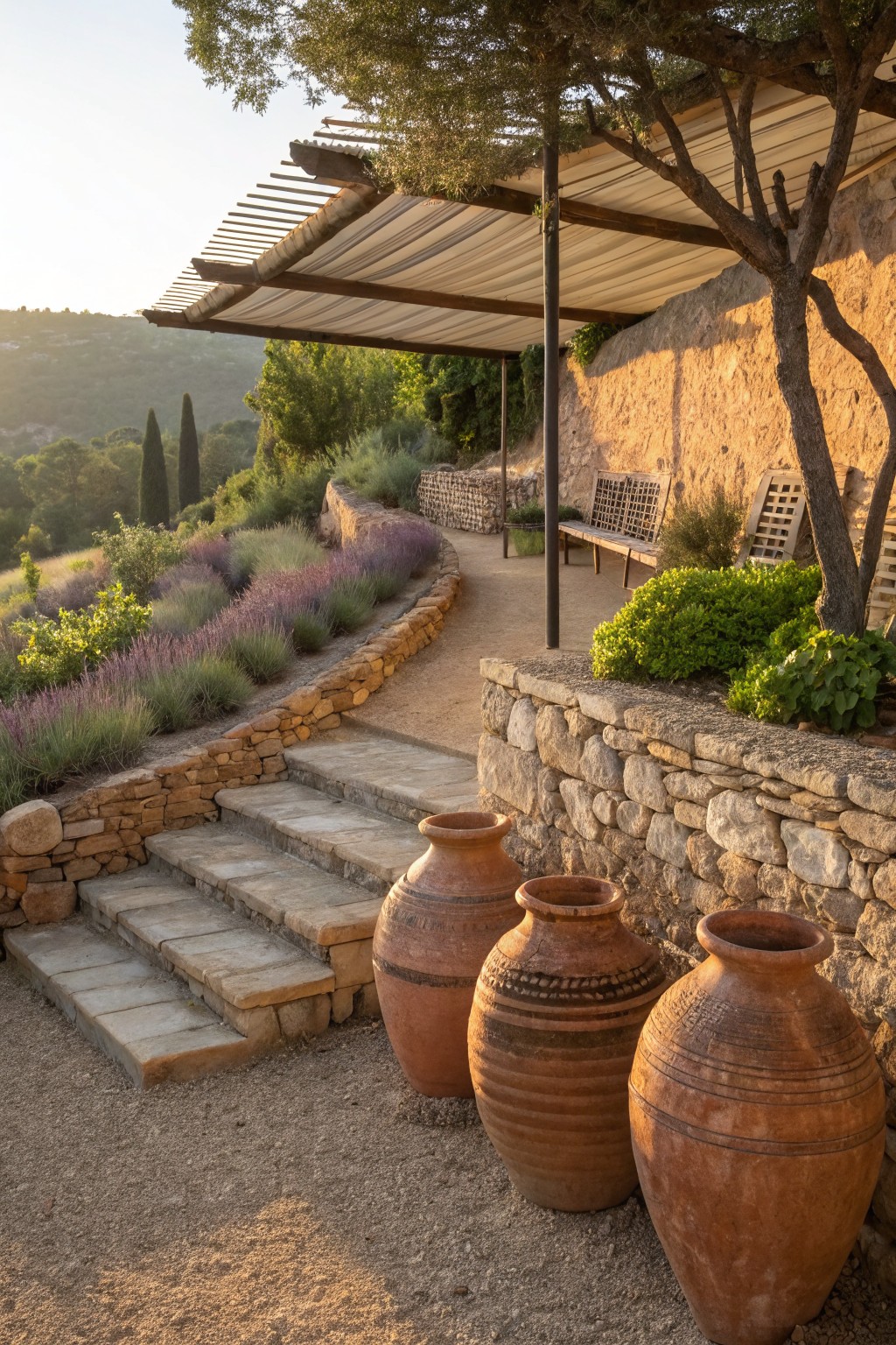 Three large terracotta pots clustered beside stone steps against a dry-stacked stone wall, with lavender plantings along curved beds, gravel ground, and a pathway leading uphill to benches under a shaded structure amid olive trees and hills.