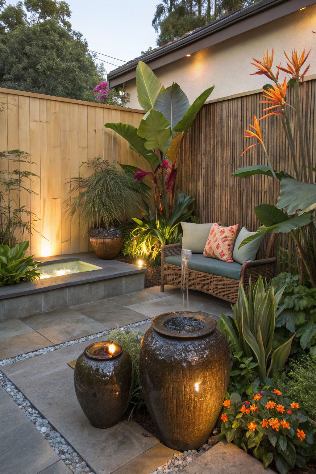 A backyard patio area with tiled pavers, a wicker bench, tropical plants like banana trees and bird-of-paradise against a wooden fence, a large pot water fountain, fire pots, and a small raised water basin lit at dusk.