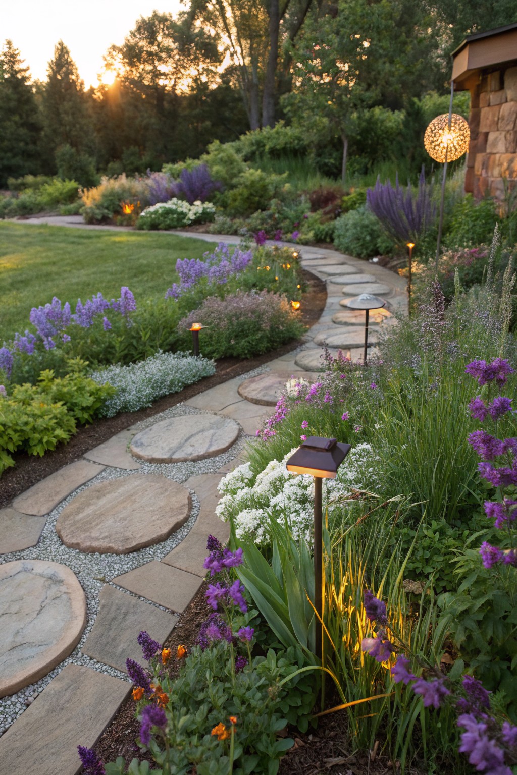 Winding backyard garden path of large round stone pavers in gravel lined by purple salvia, lavender, and white flowers with low pathway lights at dusk.