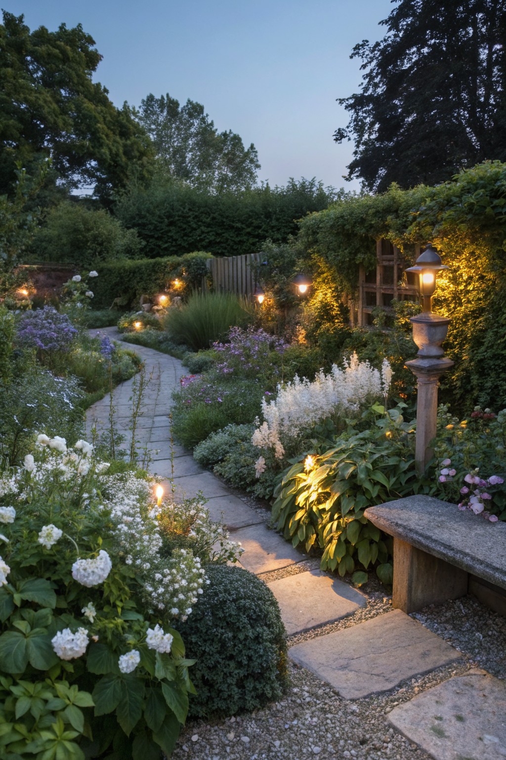 Winding stone path curving through lush garden beds with white, purple, and pink flowers, lit by lanterns and ground lights at dusk, with a stone bench beside a wooden post.
