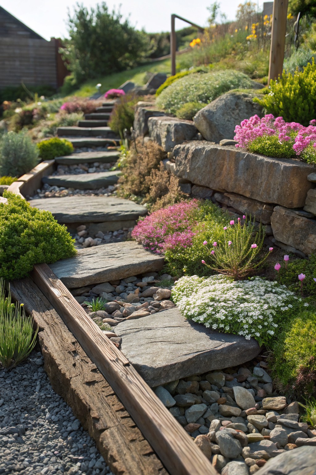 Winding pathway of irregular gray stone slabs ascending a sloped garden, bordered by stone retaining walls planted with pink flowers, green shrubs, white groundcover, and gravel, with wooden edging on one side.