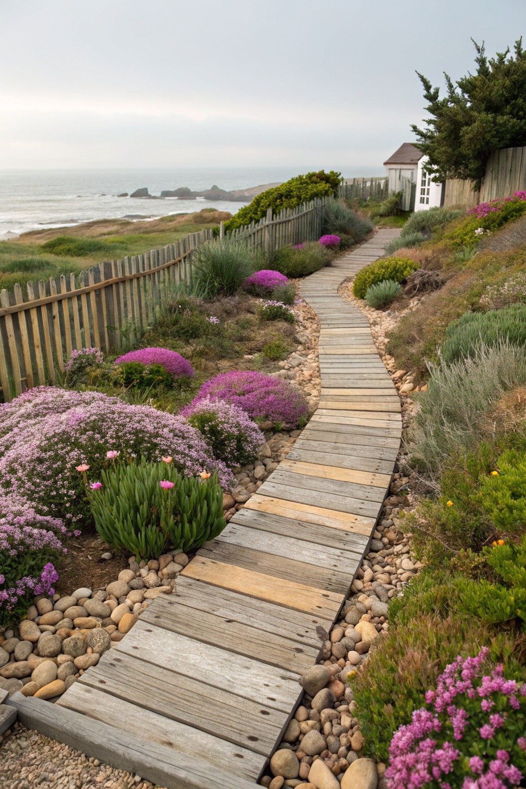 Weathered wooden boardwalk path curving through garden beds with pink flowering shrubs, succulents, lavender, pebbles, and low wooden fence, with ocean and coastal landscape in background.