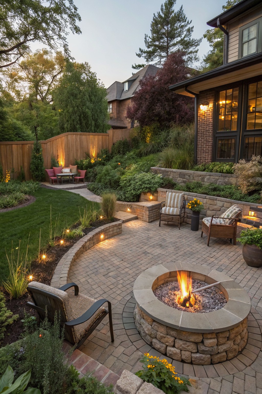 Backyard patio at dusk with a circular stone fire pit burning, surrounded by curved brick pavers, wicker chairs, potted plants, landscaped retaining walls with lighting, and a sloped garden leading to a wooden fence.