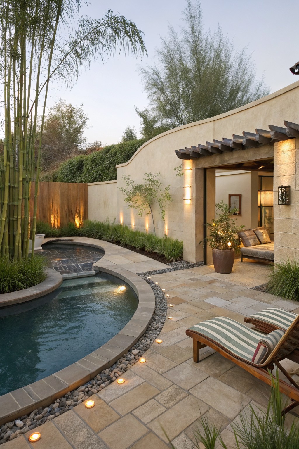 Curved dark-bottom pool in backyard surrounded by bamboo plants and grasses, with winding beige stone path edged in river rocks and embedded lights leading to lounge chairs and adjacent stucco-covered patio opening at dusk.