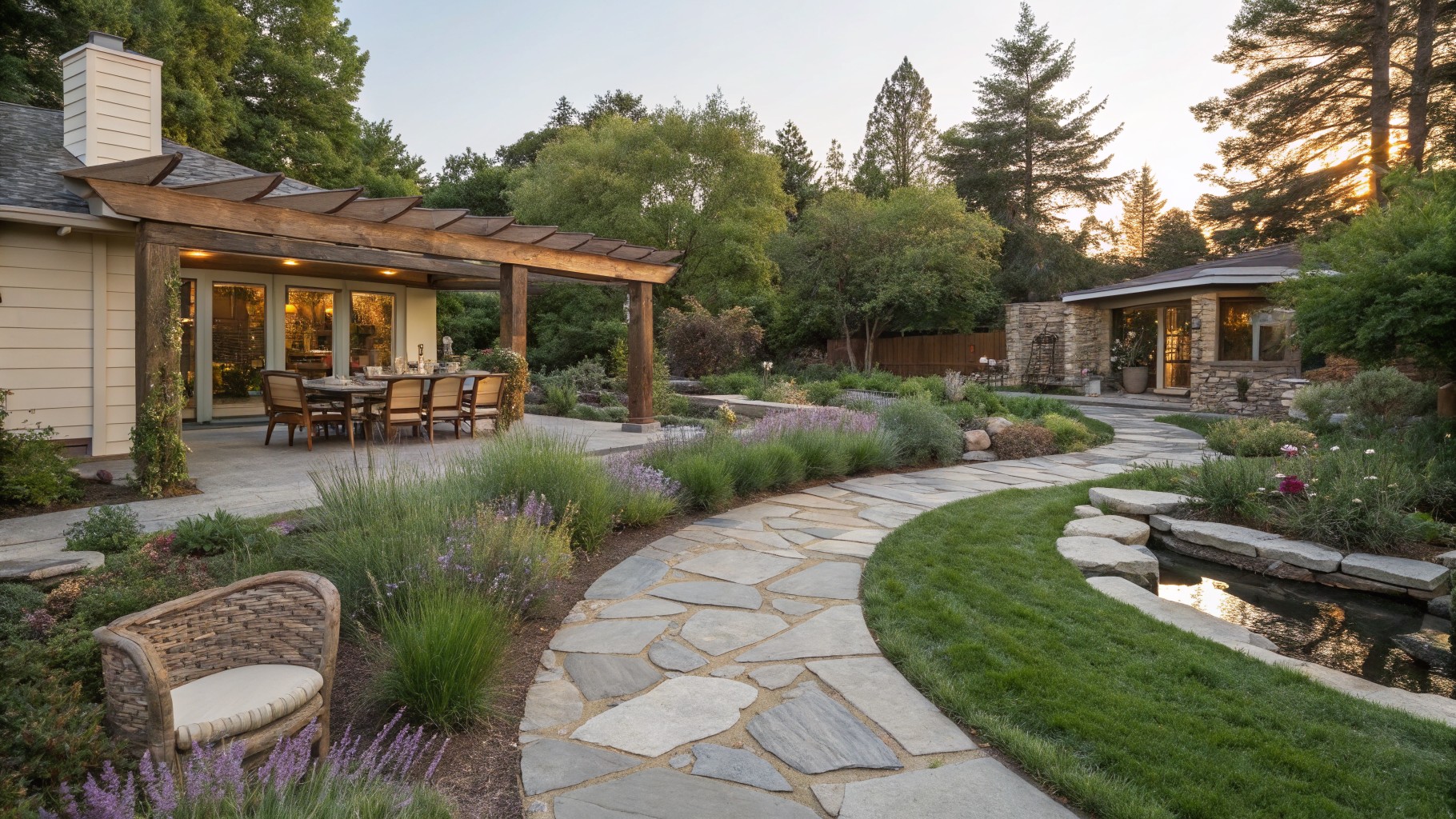 Backyard view showing a house patio with wooden dining table and chairs, nearby lounge seats, a curving flagstone path bordered by lavender plants and grasses leading to a small pond with rocks, edged by lawn and trees in evening light.