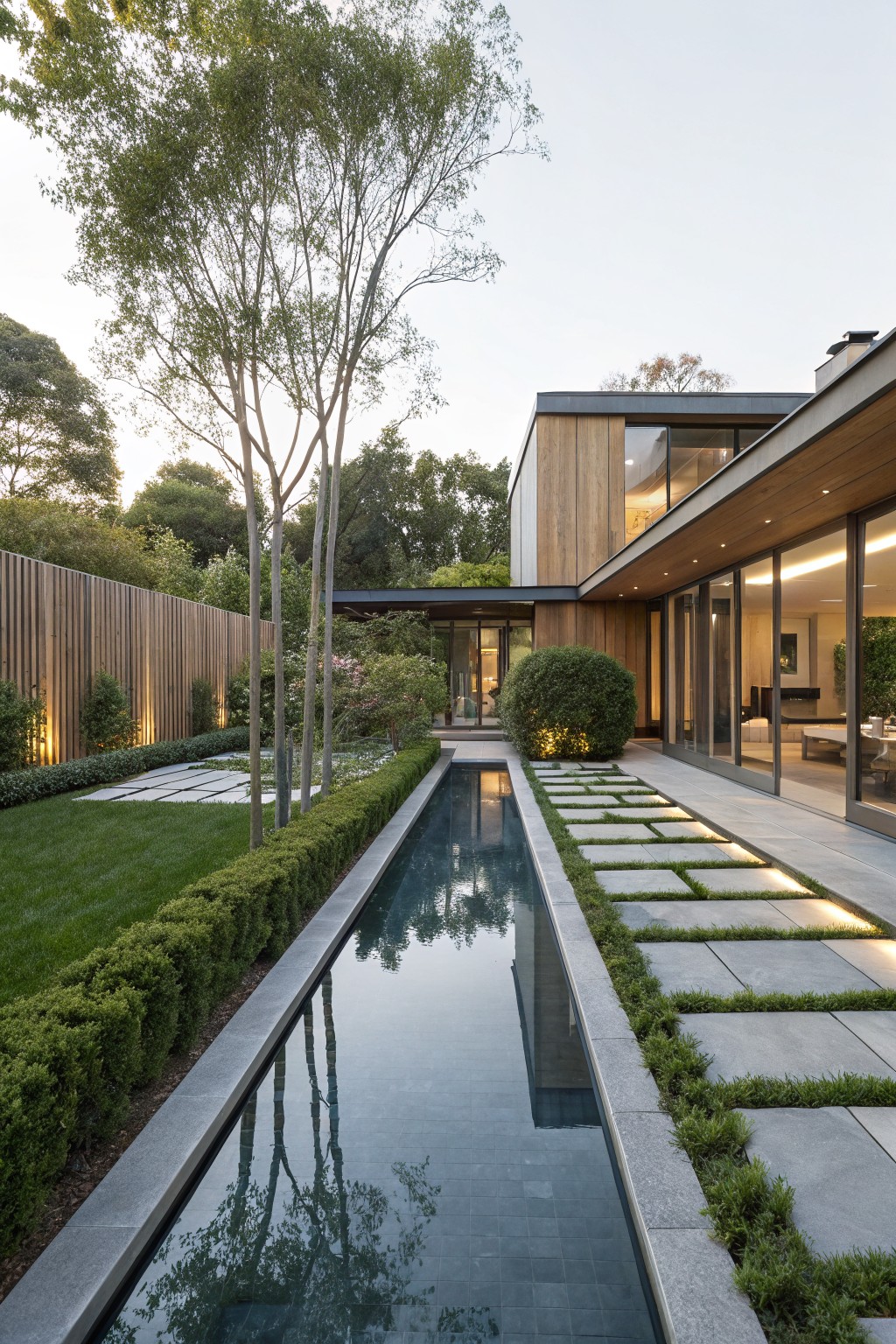 Modern house with vertical wood cladding next to a straight narrow reflecting pool edged in stone and boxwood hedges, with a stone path, grass lawn, and trees on the sides.