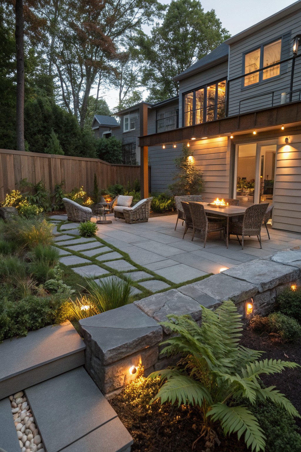 Backyard at dusk with gray slate patio holding a wicker dining table with fire bowl and chairs, nearby lounge chairs, winding gray paver path through tall grasses and plants leading to patio, low lit stone retaining wall edged with ferns, modern wood-and-gray house with glass doors and upper deck, landscape lighting and string lights.