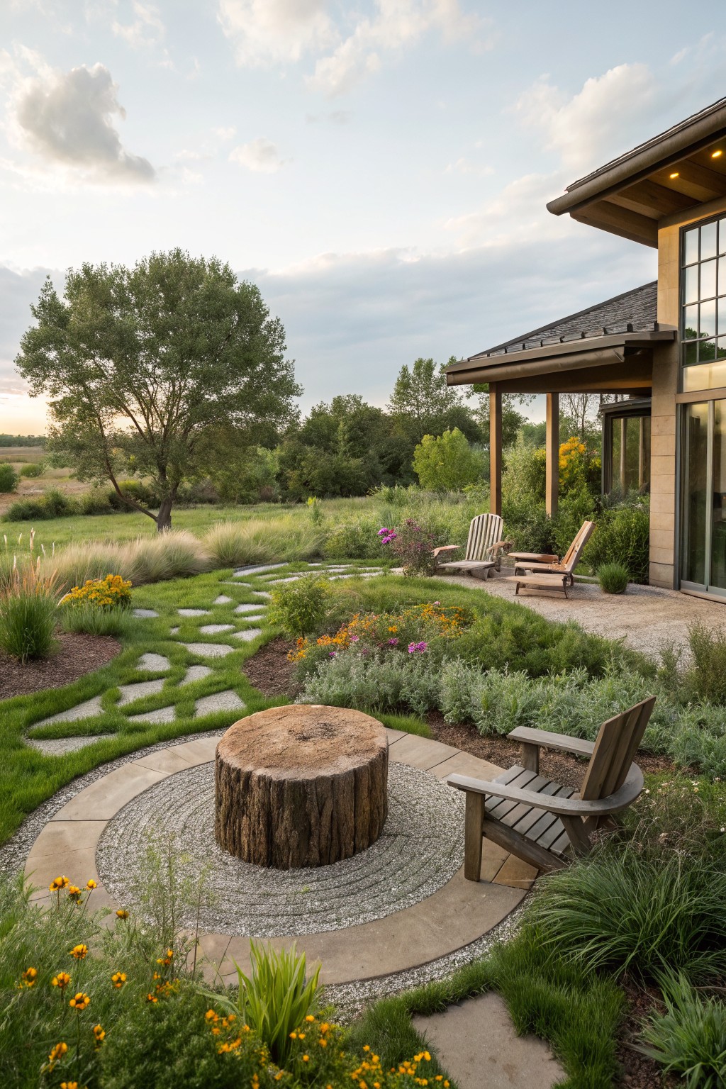 Backyard landscaping featuring a curved path of irregular gray stepping stones embedded in green lawn, surrounded by ornamental grasses, flowers, and shrubs, with a large tree stump table in a circular gravel area, wooden Adirondack chairs, and a modern house patio in the background under a partly cloudy sky.