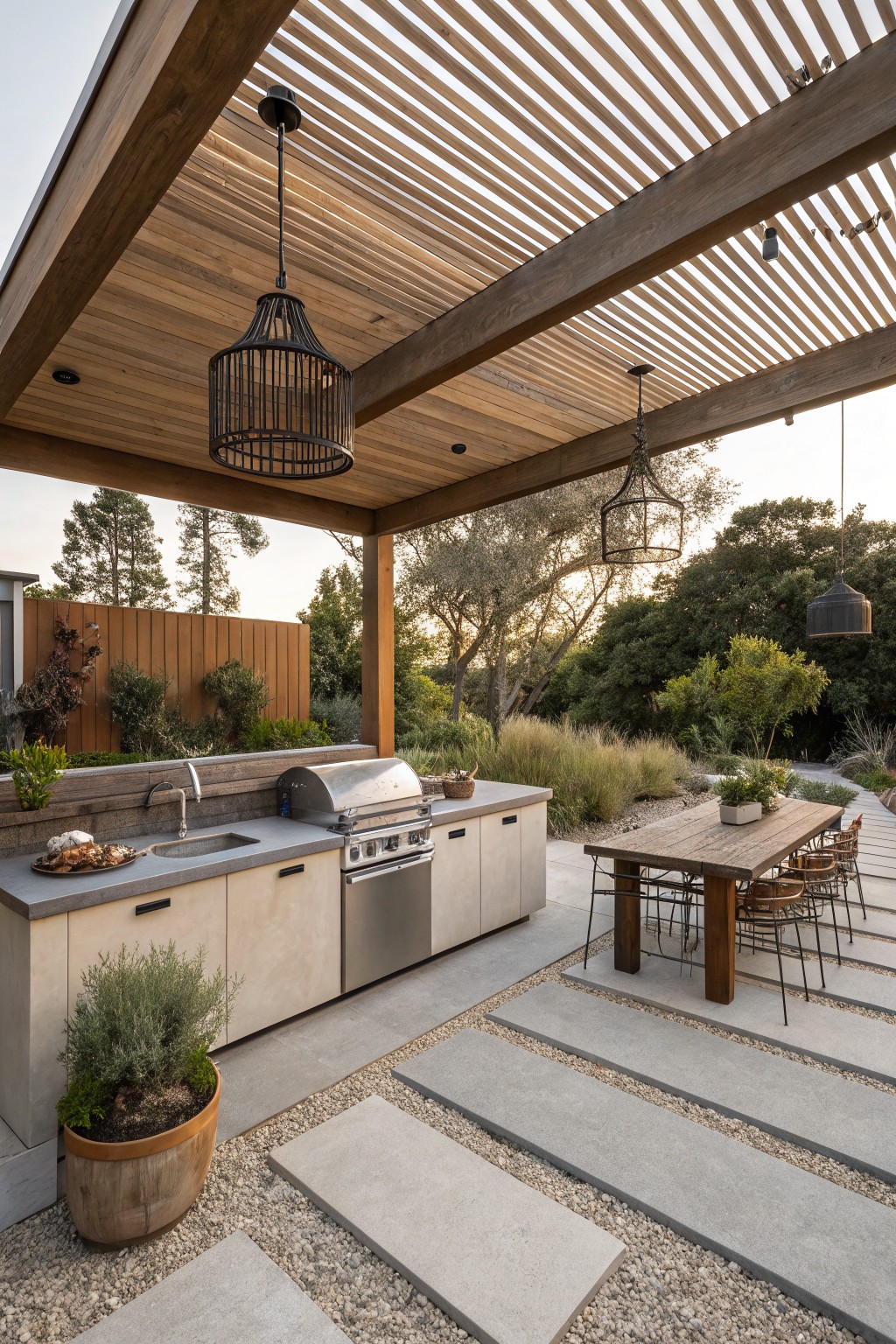 Outdoor kitchen with built-in stainless steel grill and sink on beige cabinetry under slatted wooden pergola with hanging lanterns, adjacent wooden dining table on gray concrete pavers surrounded by potted plants, gravel, and native landscaping.