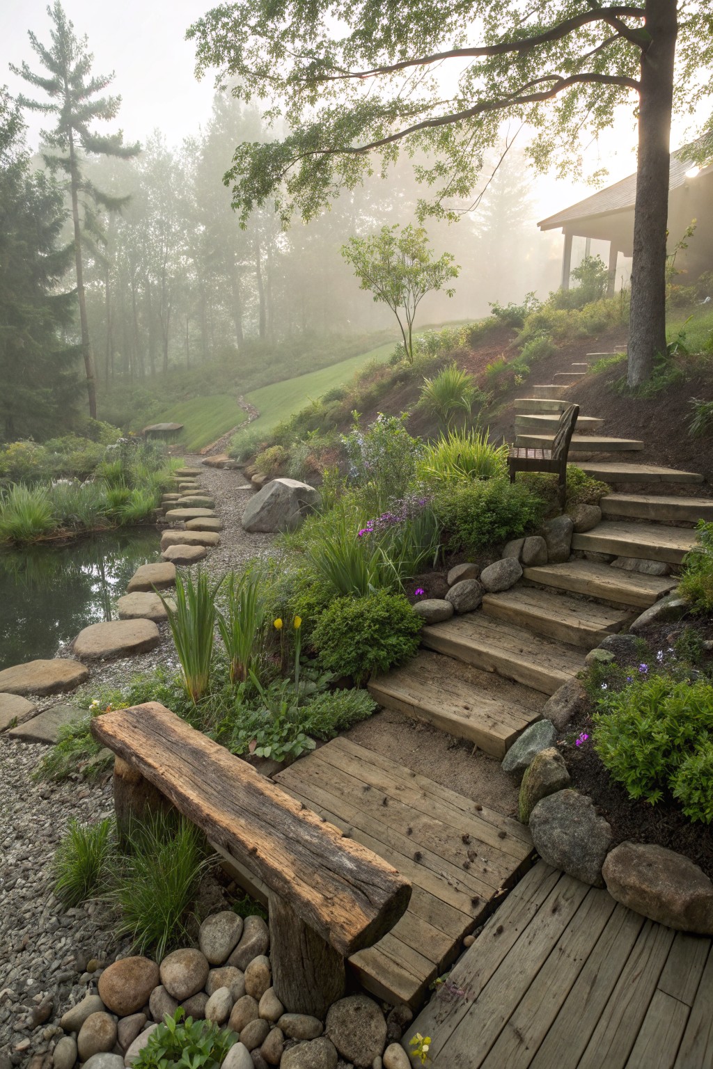 Misty sloped garden with a small pond, irregular stepping stone path through gravel and plants, rustic wooden bench, and wooden steps leading uphill amid trees and flowers.