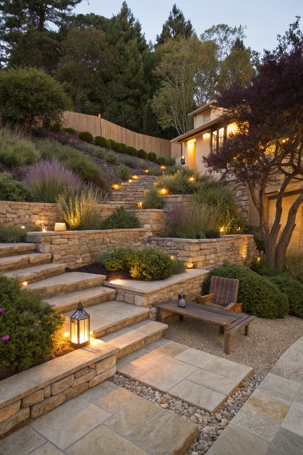 Sloped backyard with tiered dry-stacked stone retaining walls, winding wide stone steps lit by recessed lights and lanterns, drought-tolerant shrubs and grasses in beds, wooden bench and chair on gravel patio, purple tree and house visible at dusk.