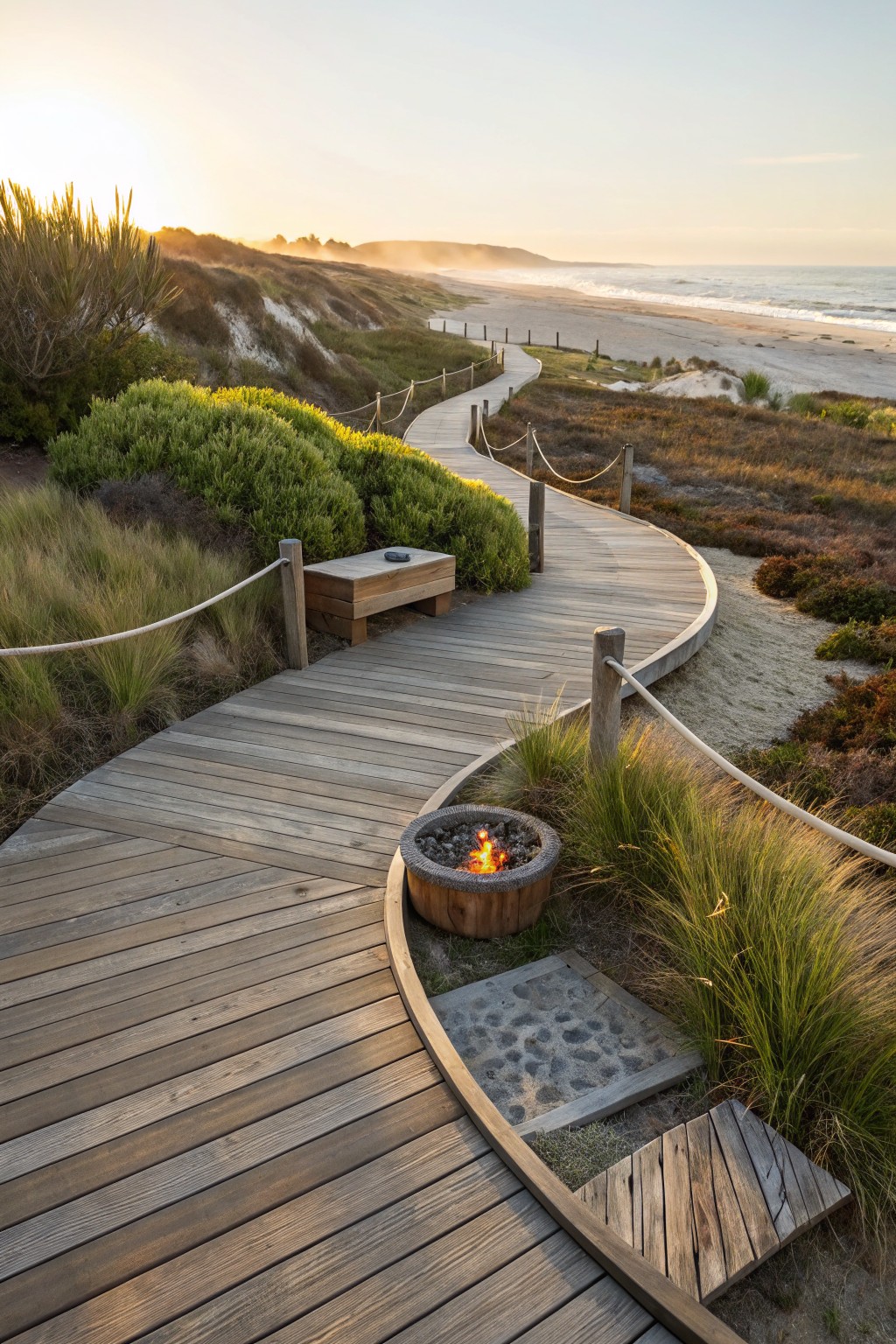 Curved wooden boardwalk path through sandy dunes and native grasses with bushes, a bench, fire pit, and ocean view at sunset.