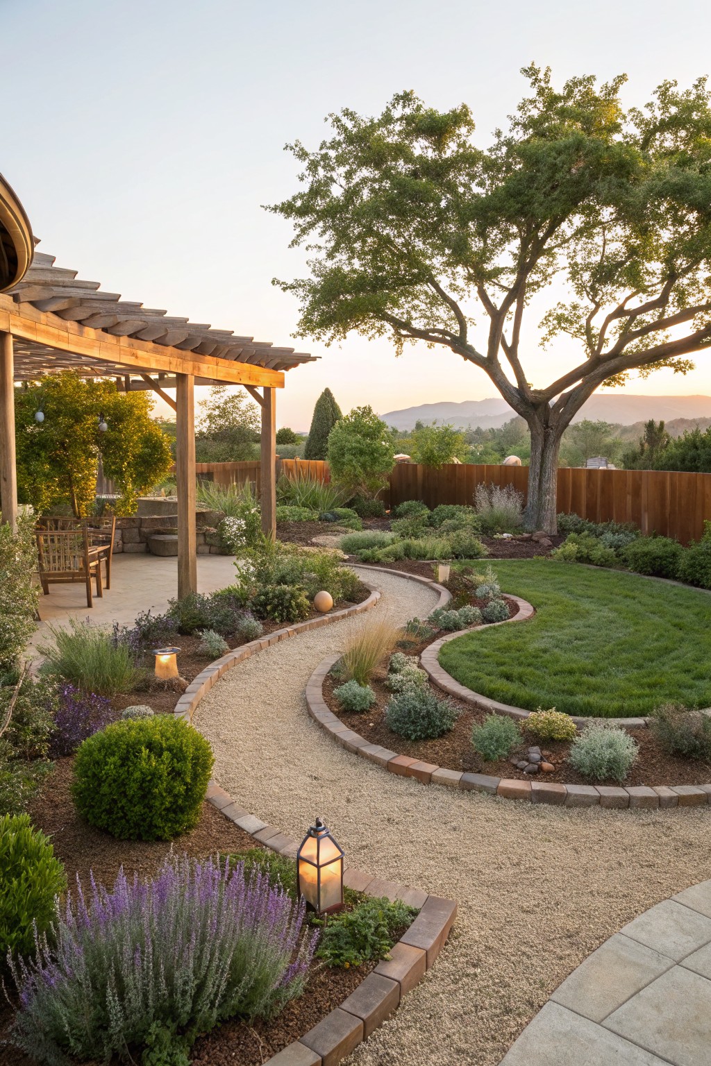 Backyard view showing a curved gravel path winding through brick-edged garden beds filled with shrubs, grasses, and lavender, next to a wooden pergola with seating and surrounded by trees, fence, and distant hills at sunset.