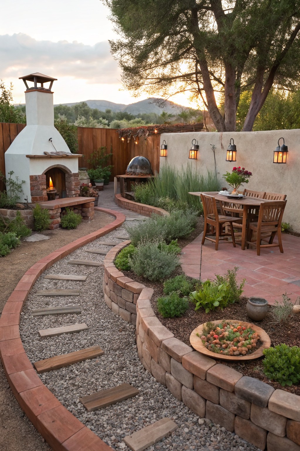 Outdoor backyard with a white stucco wood-fired oven and benches near a fire, curved gravel path lined with wood planks and brick edging beside raised stone walls with plants, wooden dining table and chairs on red tile patio, wall lanterns, greenery, fence, and distant mountains at sunset.