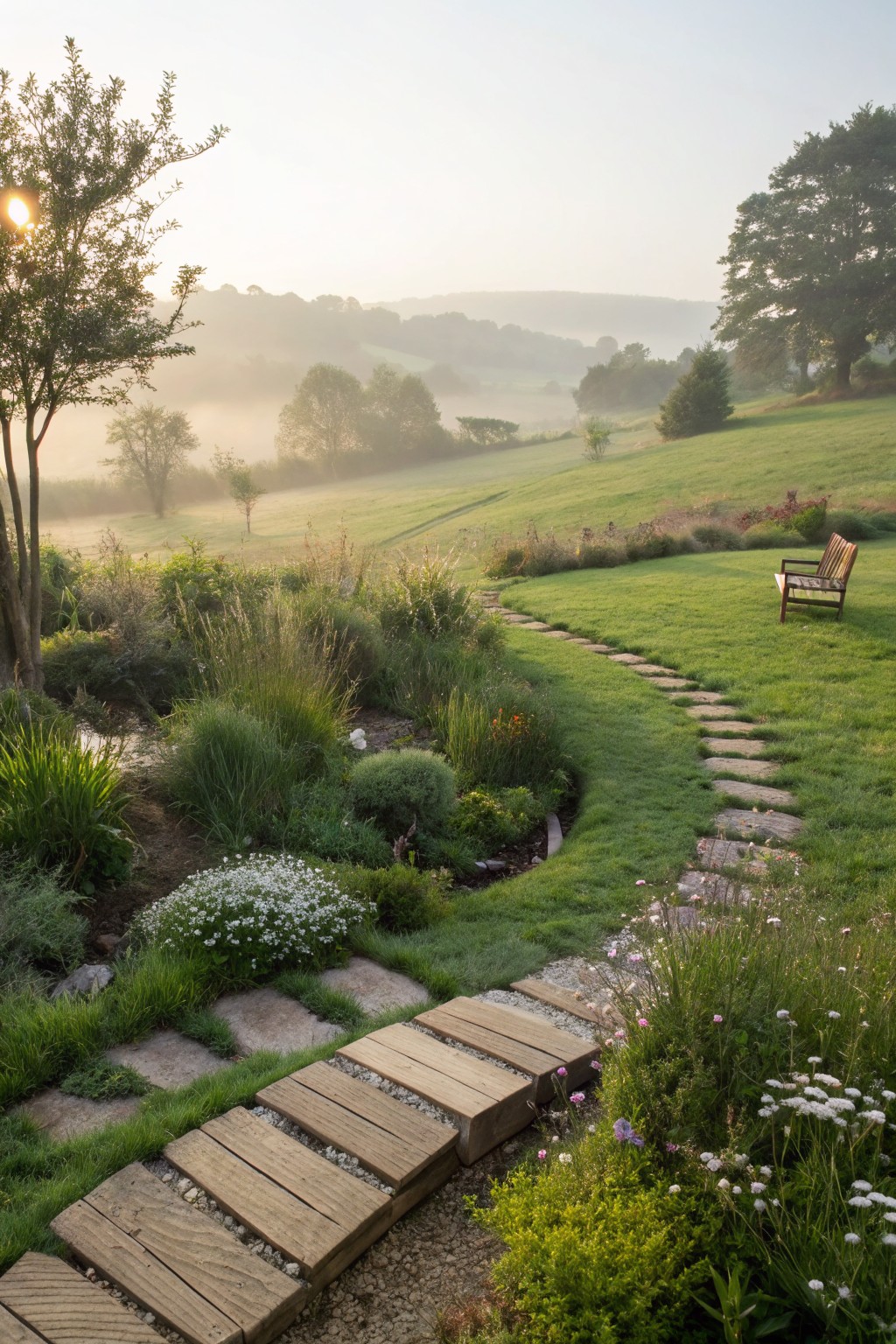 A curving garden path of irregular stone slabs and wooden planks winds through dense green plantings, flowers, and grasses on a grassy slope, leading to a wooden bench with misty hills and trees in the background at dawn.
