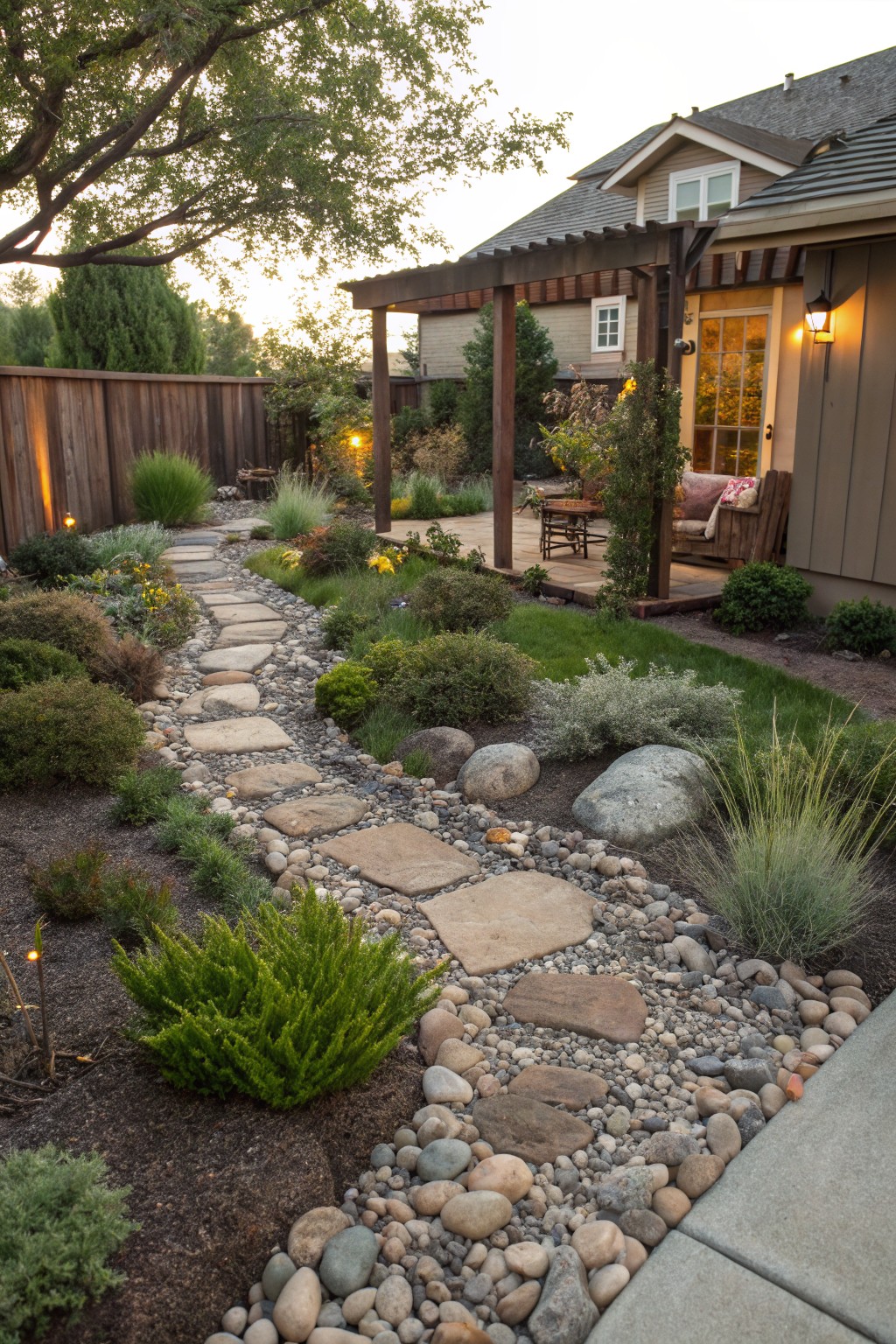 Backyard garden path made of irregular flat stepping stones winding through a gravel riverbed edged with plants, shrubs, grasses, and boulders, adjacent to a house patio with wooden furniture.