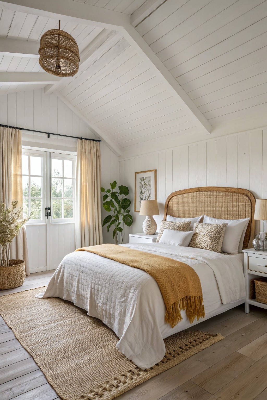 Bright bedroom featuring a bed with white linens, yellow throw, and natural decor.