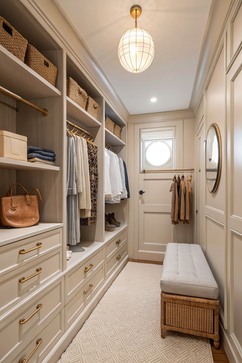 A narrow walk-in closet painted in a soft warm white with built-in cabinetry and open shelving.