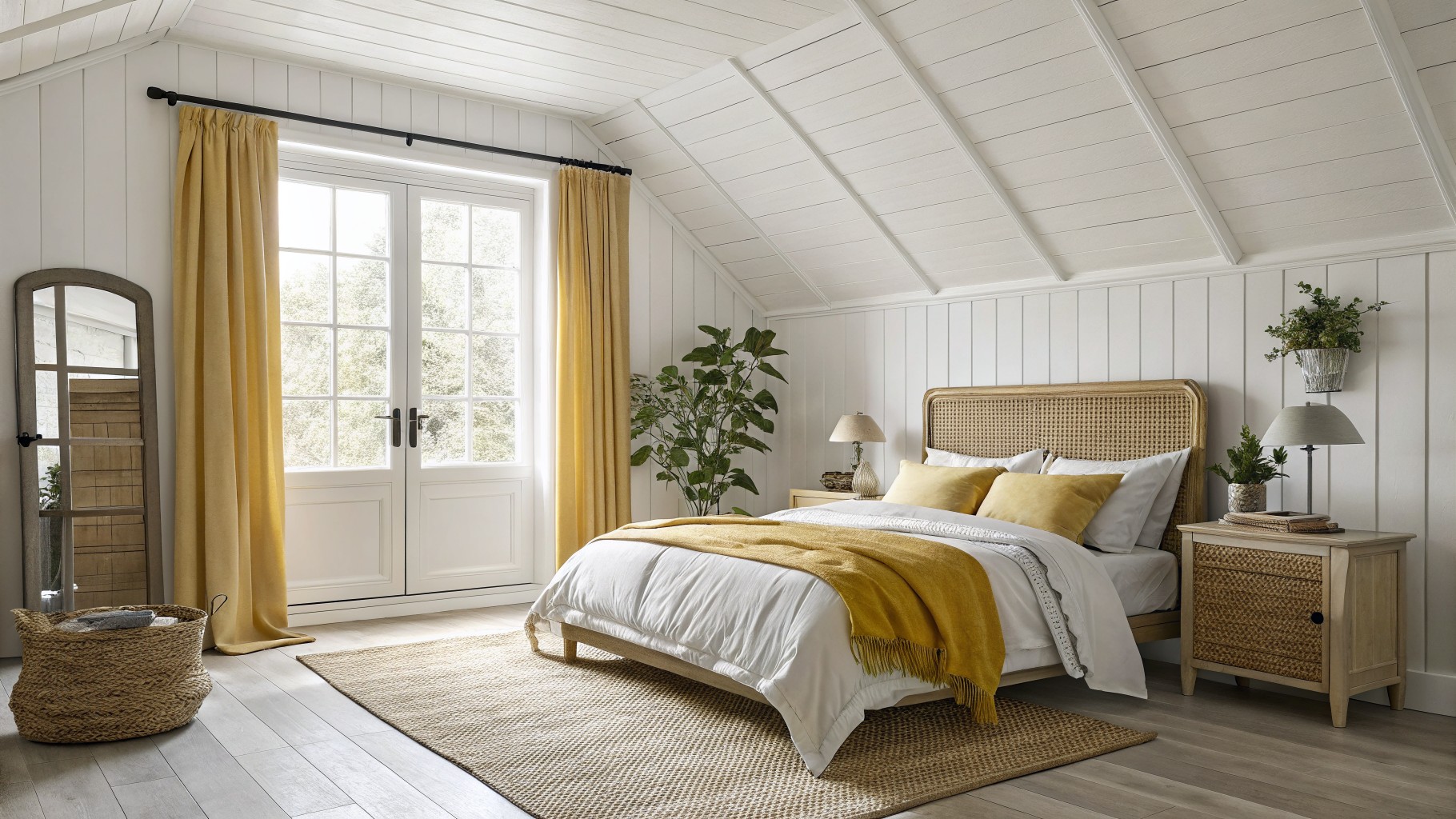 Bright, airy bedroom featuring white paneling, yellow curtains, and a rattan bed. A cozy atmosphere is enhanced by plants and natural textures.