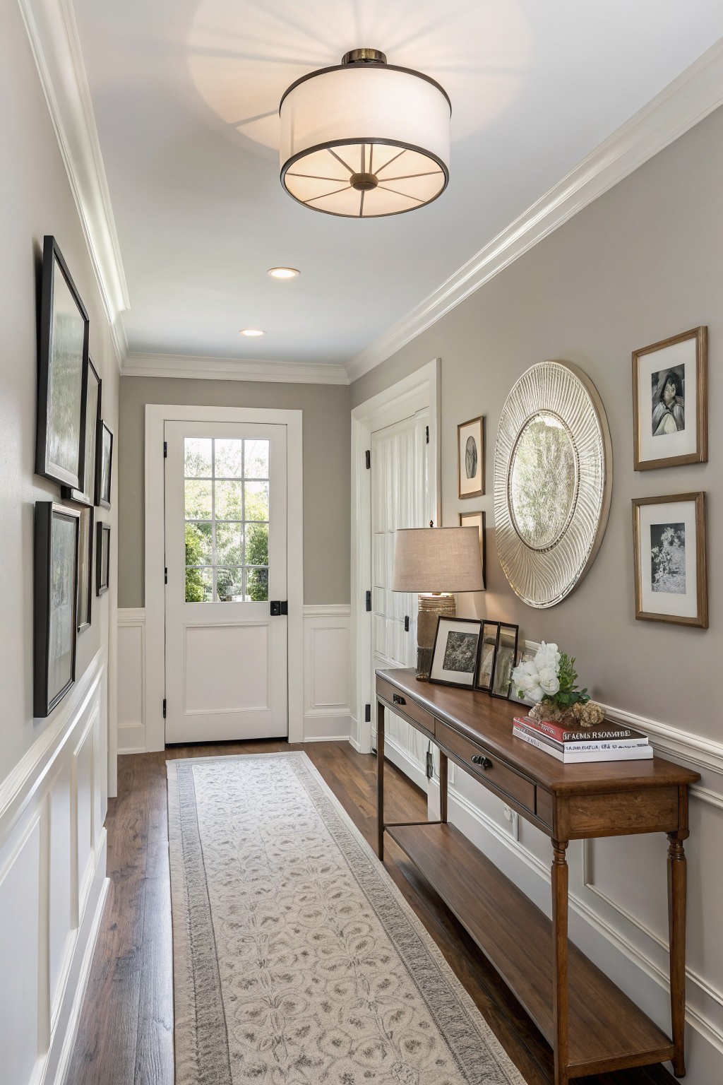 Bright hallway featuring a wooden console table, framed photos, and an elegant light fixture.