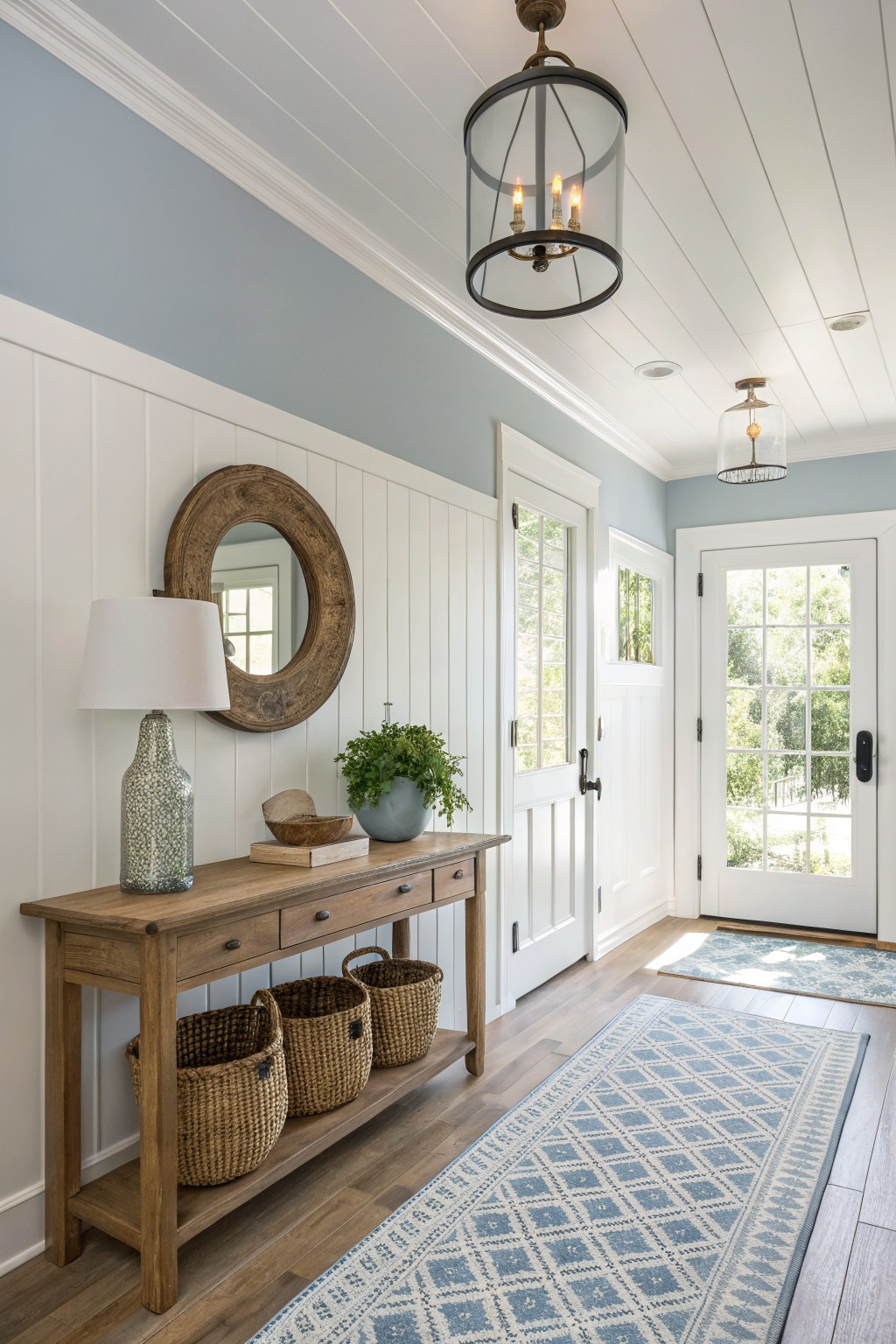 Light blue gray walls above white beadboard in an entry hallway with wood flooring.