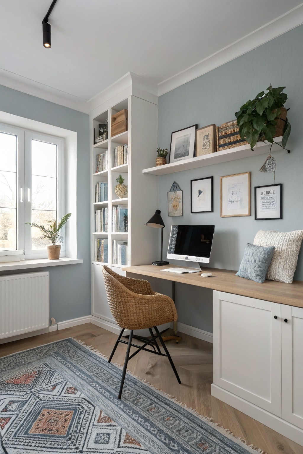 Cozy office with a wooden desk, computer, bookshelves, plants, and decorative wall art.