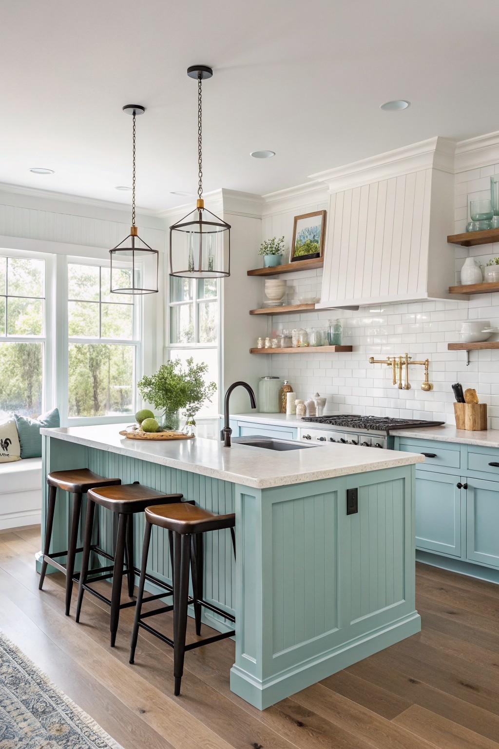Light blue green cabinets in a bright kitchen with a central island and wooden stools.