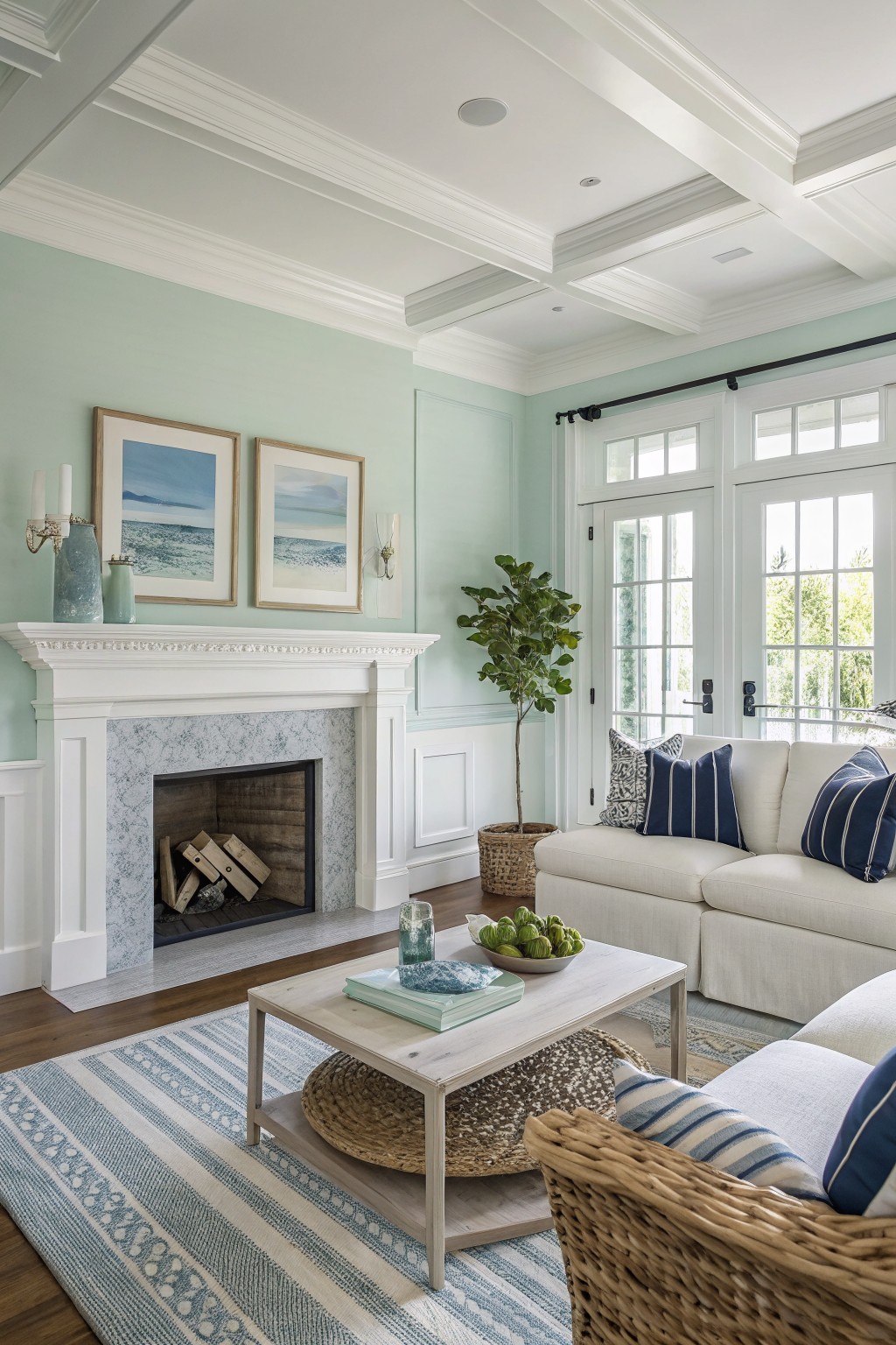 Living room walls painted in a soft light green with white trim around the fireplace.