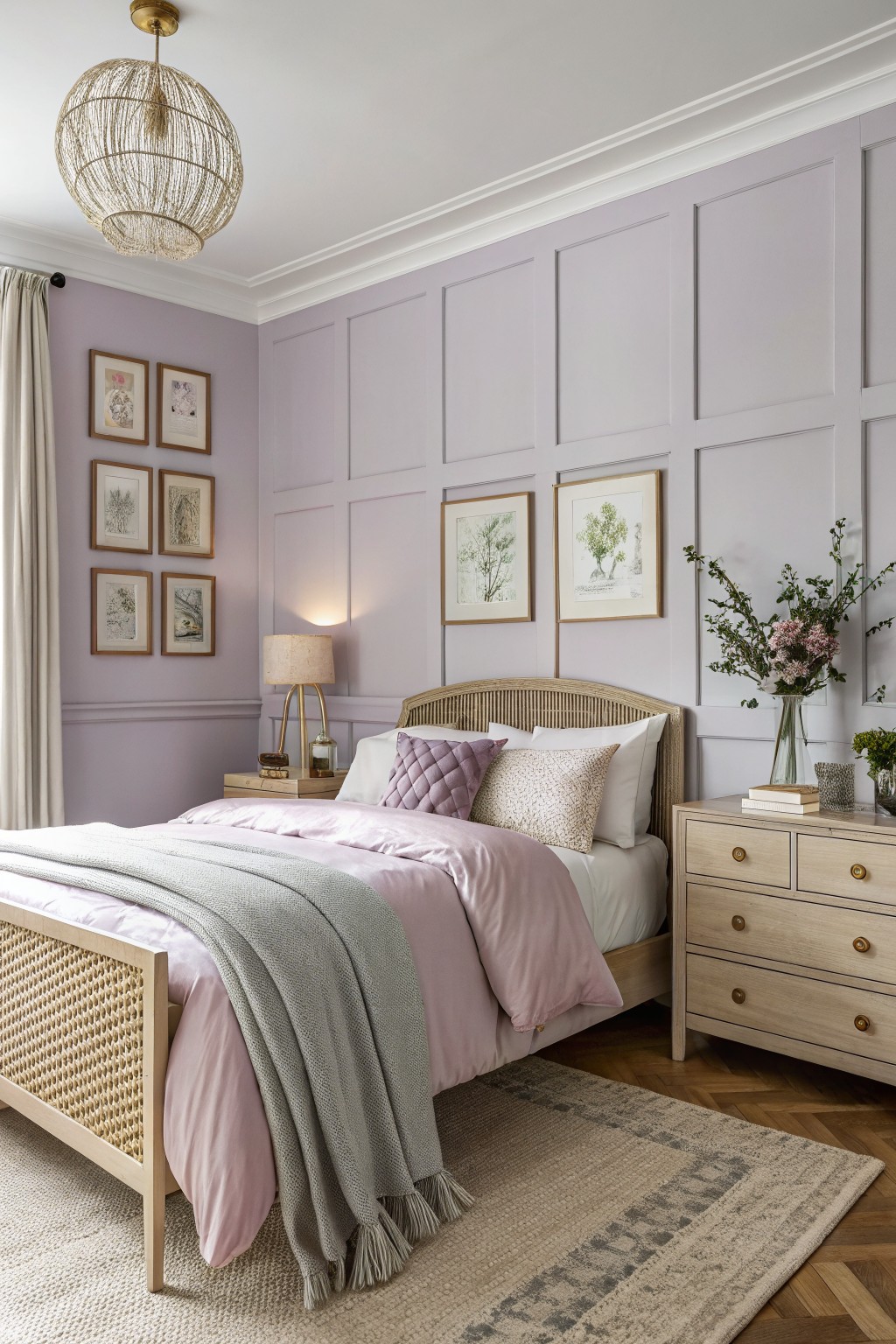 Cozy lavender bedroom featuring a woven bed, pastel bedding, floral art, and a bedside lamp.