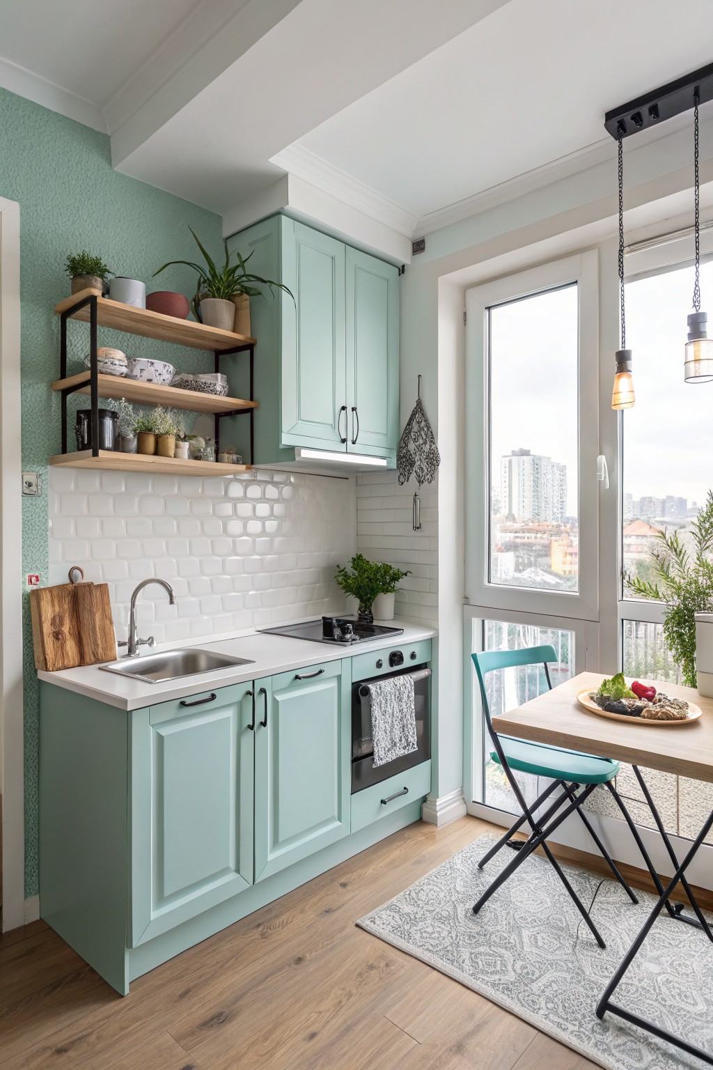 Modern kitchen with mint cabinets, a wooden shelf, and a cozy dining area.