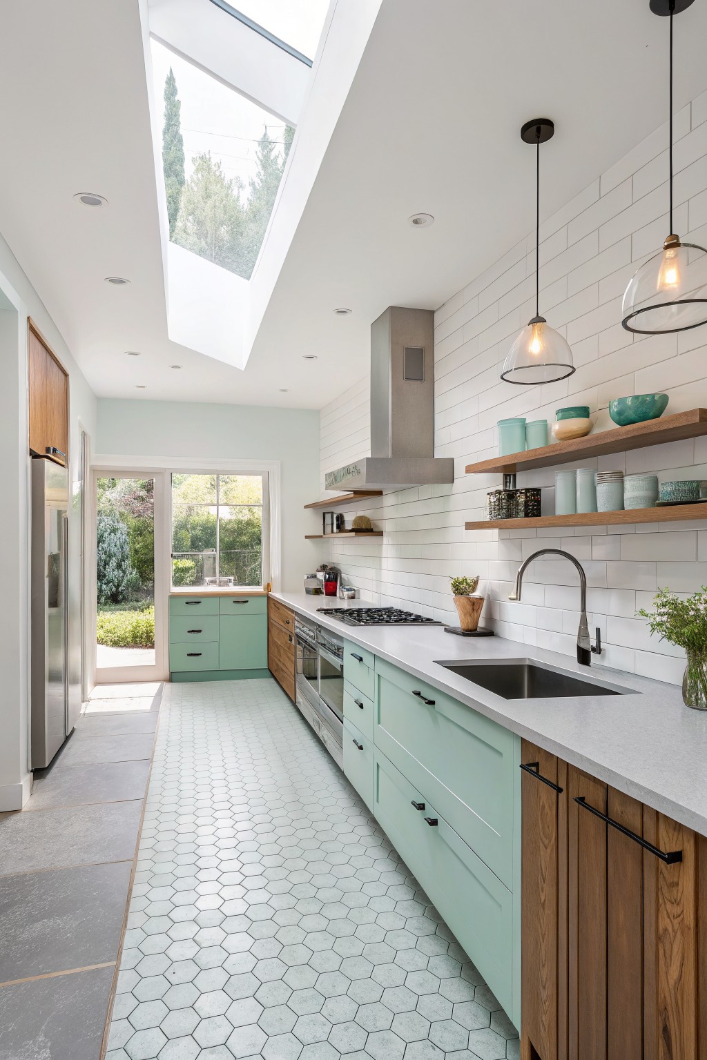Modern kitchen with mint green cabinets, gray countertops, hexagonal tile flooring, and natural light.