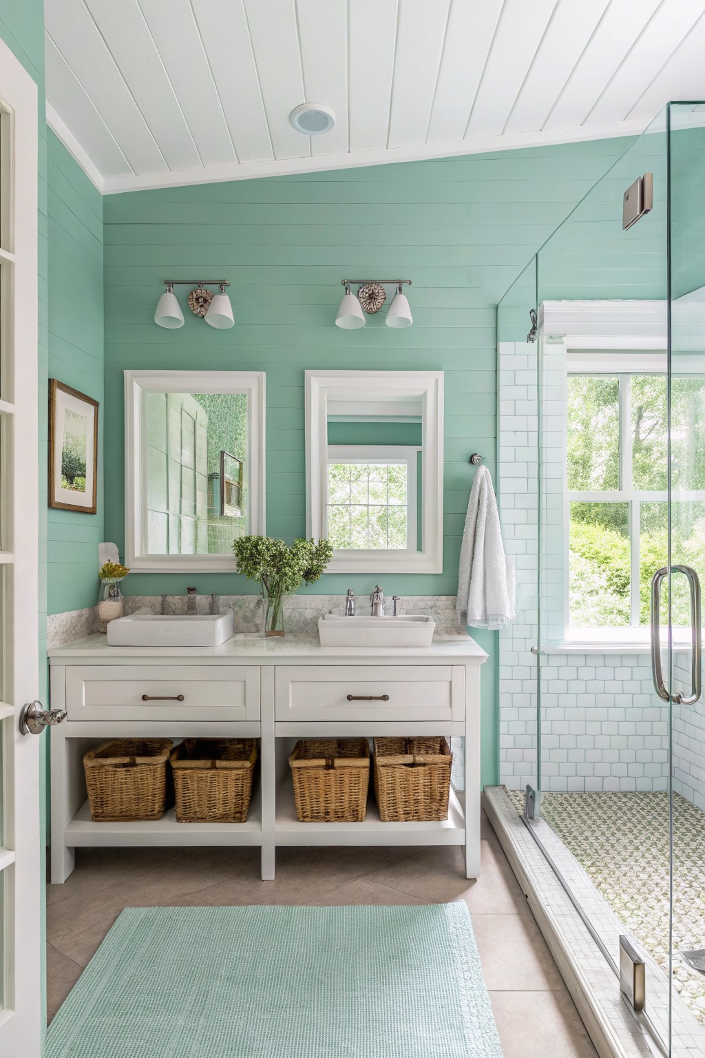 Bright teal bathroom with dual sinks, mirrors, woven baskets, and a glass shower.