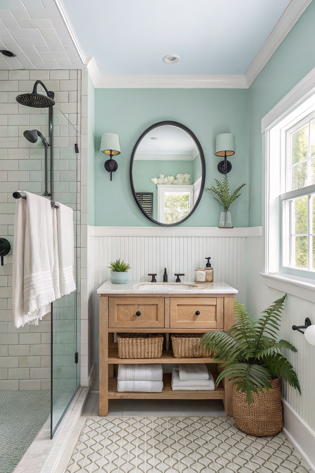 Modern bathroom featuring a wooden vanity, mint green walls, shower area, and plants.
