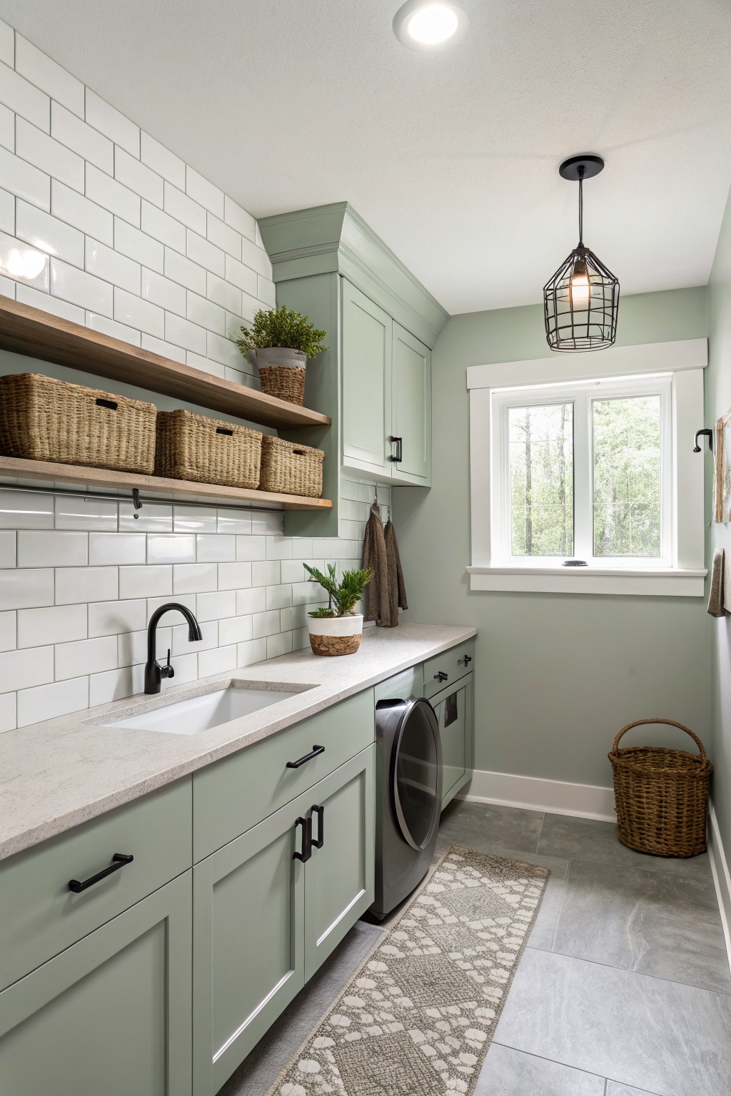 Sage green cabinets and walls in a laundry room with white subway tile and wood open shelves.