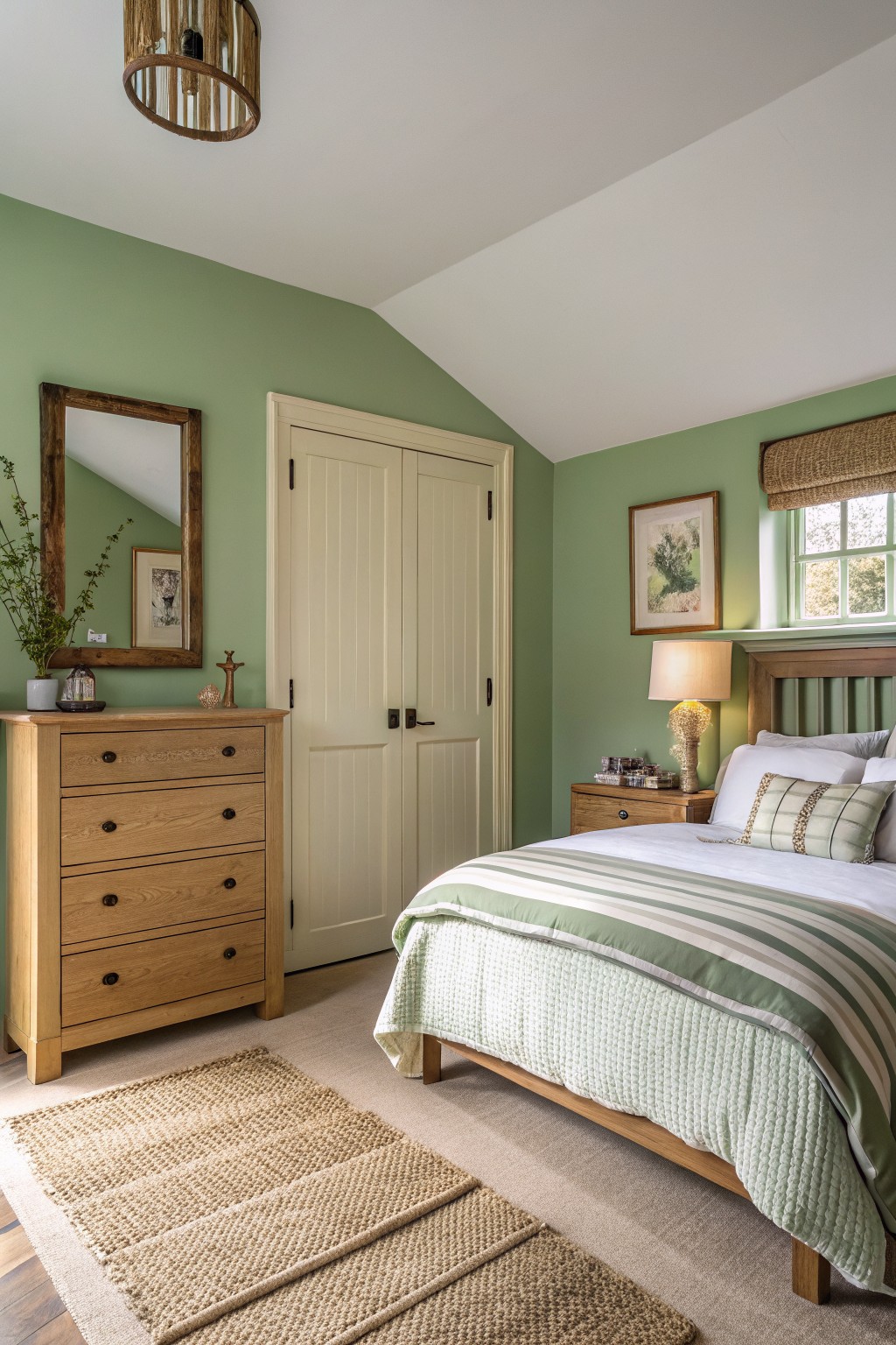 Cozy bedroom with green walls, wooden furniture, and striped bedding; includes a mirror and lamp.