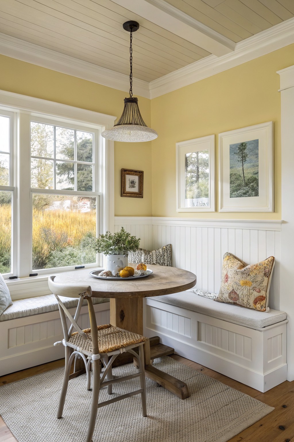Soft yellow walls brighten a cozy corner dining space with white wainscoting and a round wood table.